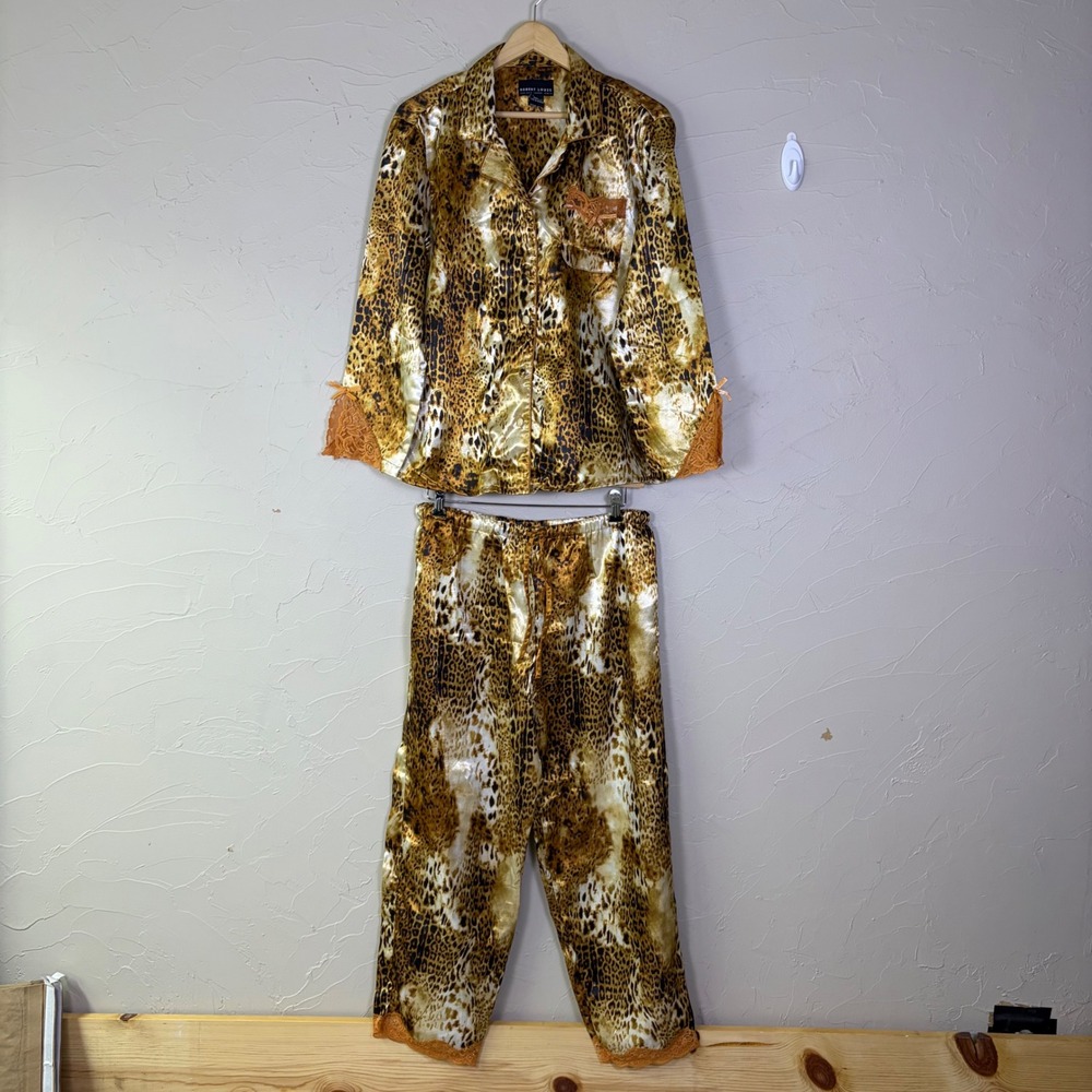 Robert Louis Pajama Set Womens Large Leopard Print Satin Lace Trim Mob Wife
